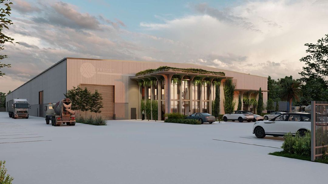 Swanbank, Ipswich — the building from the yard at sunset, concept render