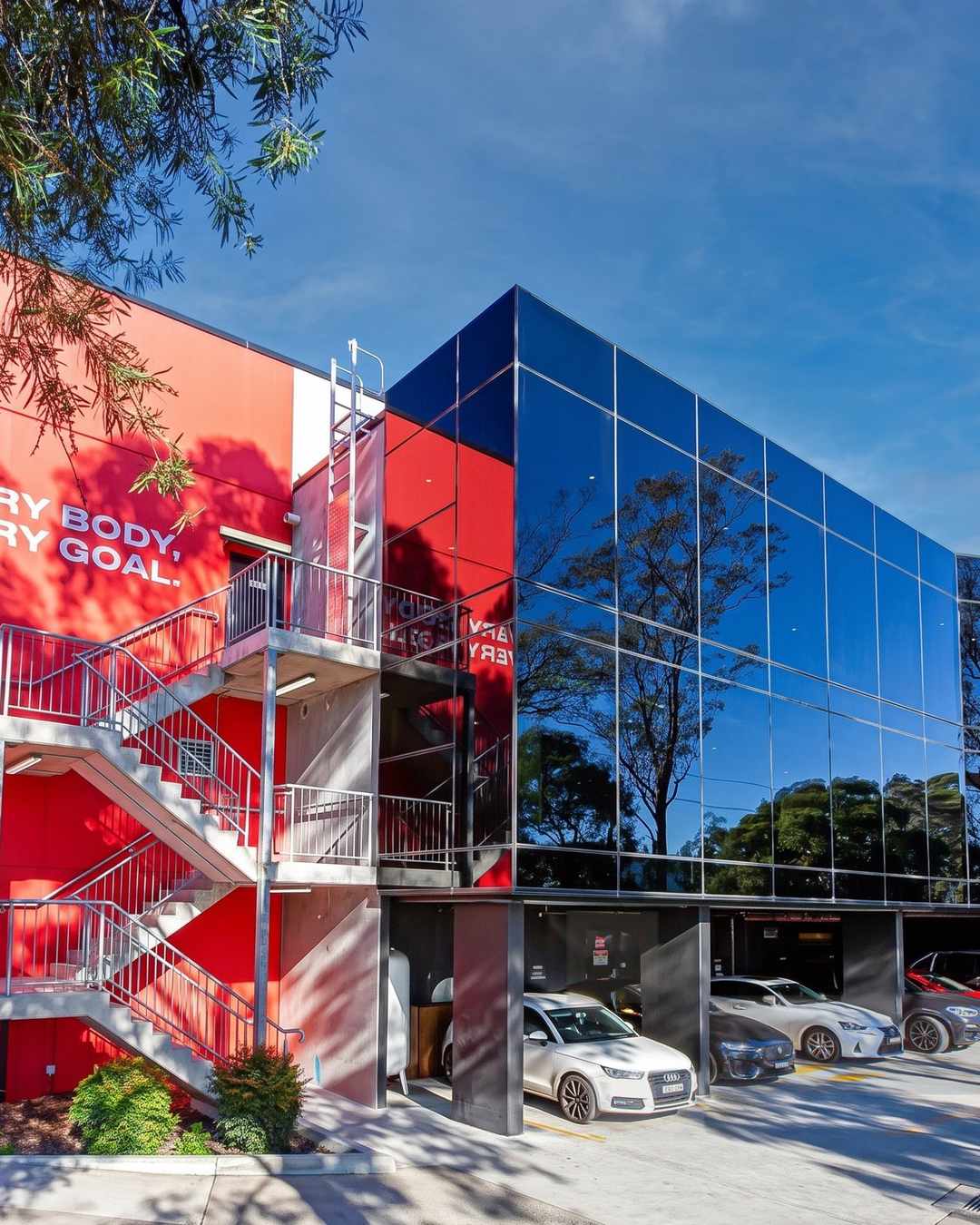 Yennora, Sydney — the My Muscle Chef facility, red panel and blue curtain wall