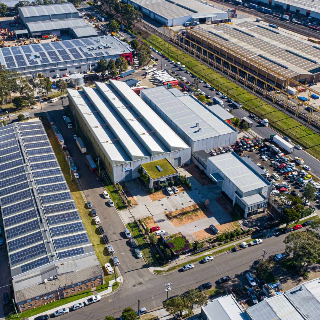Yennora, Sydney — the Varley building and the estate's solar roofs from directly above