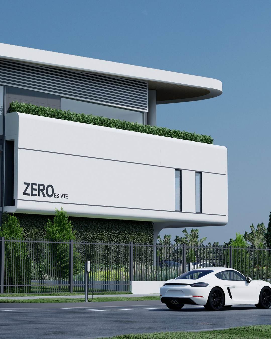 Zero Estate — the green living wall along the flank, concept render