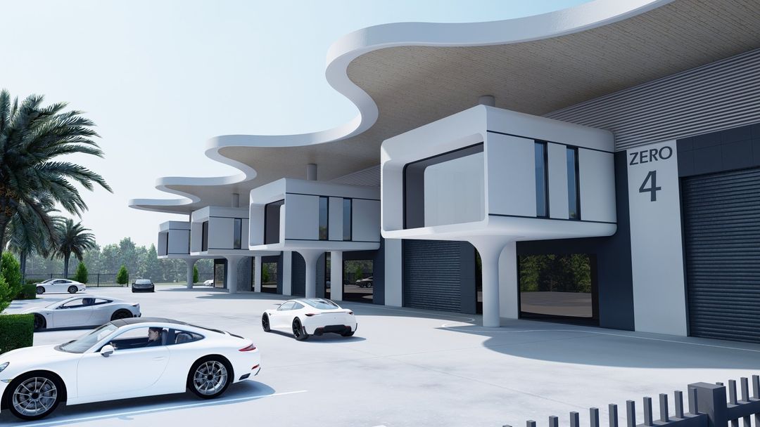 Zero Estate — the street row with numbered units, concept render