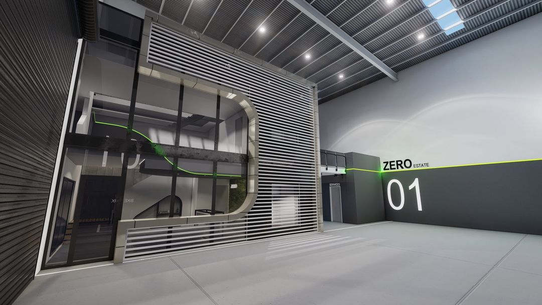 Zero Estate — warehouse interior, concept render