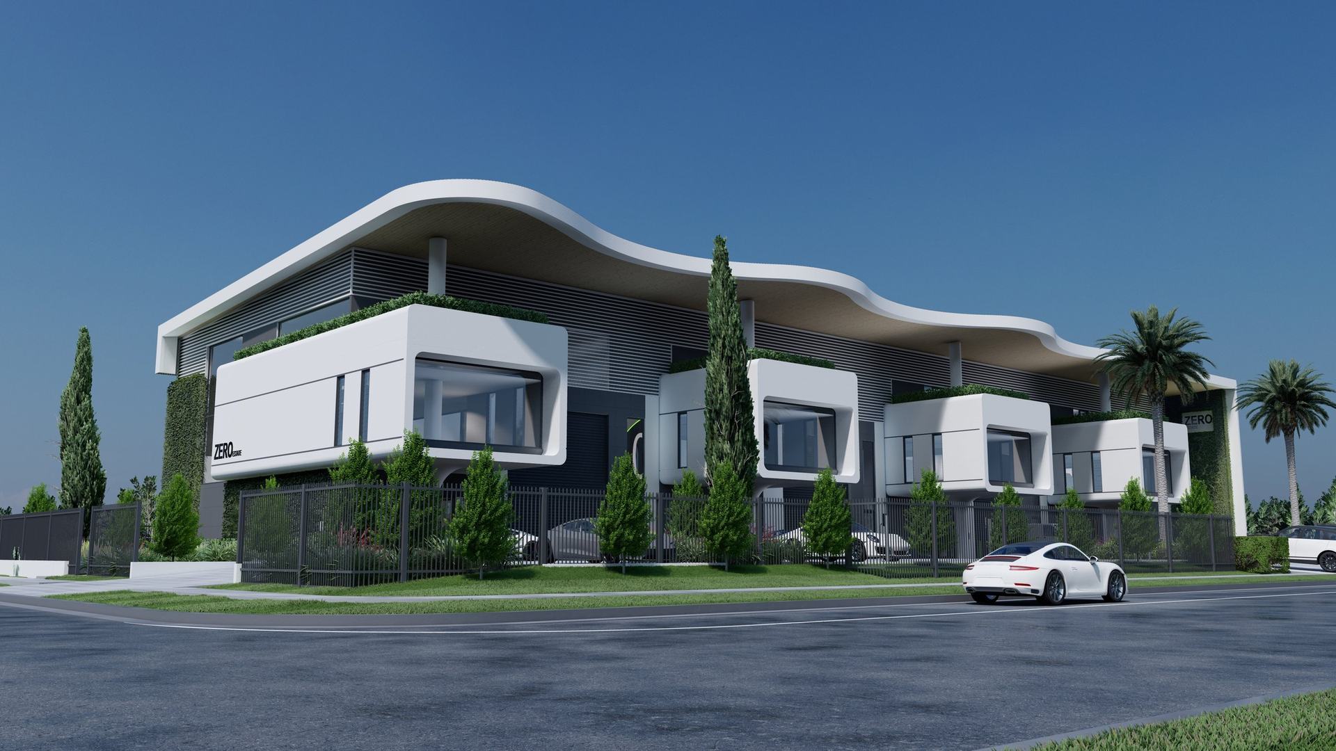 Zero Estate — the estate in three-quarter view, concept render